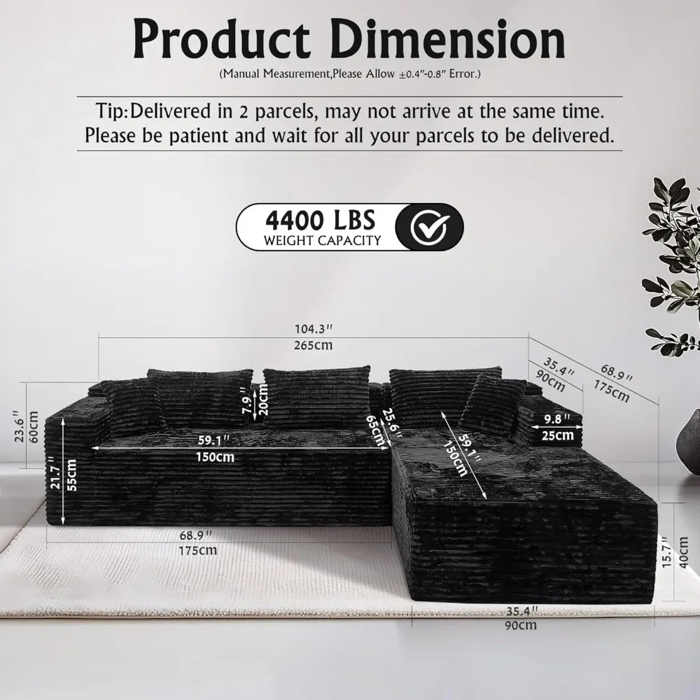 Black Corduroy L-Shaped Sectional Cloud Sofa