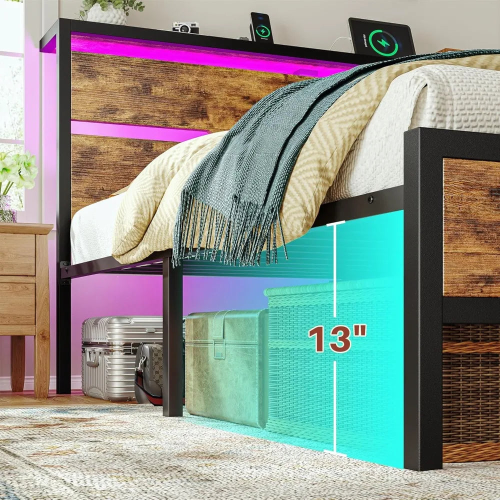 Queen Size Bed Frame with LED Lights & Charging Station