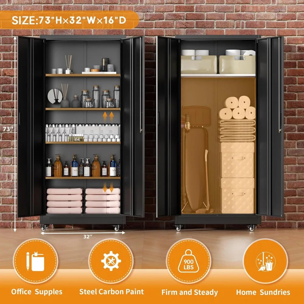 Lockable Metal Storage Cabinet with Wheels