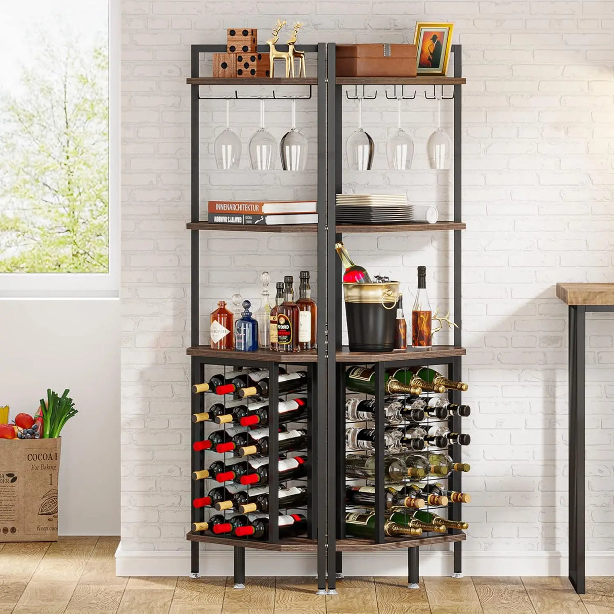 Corner Wine Rack with Glass Holder and Storage Shelves
