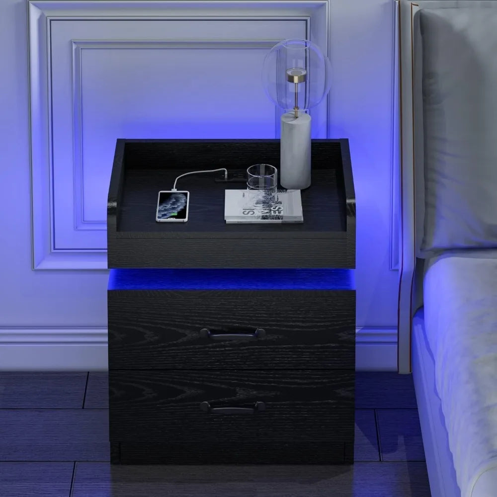 Black Nightstand with Charging Station and LED Lights