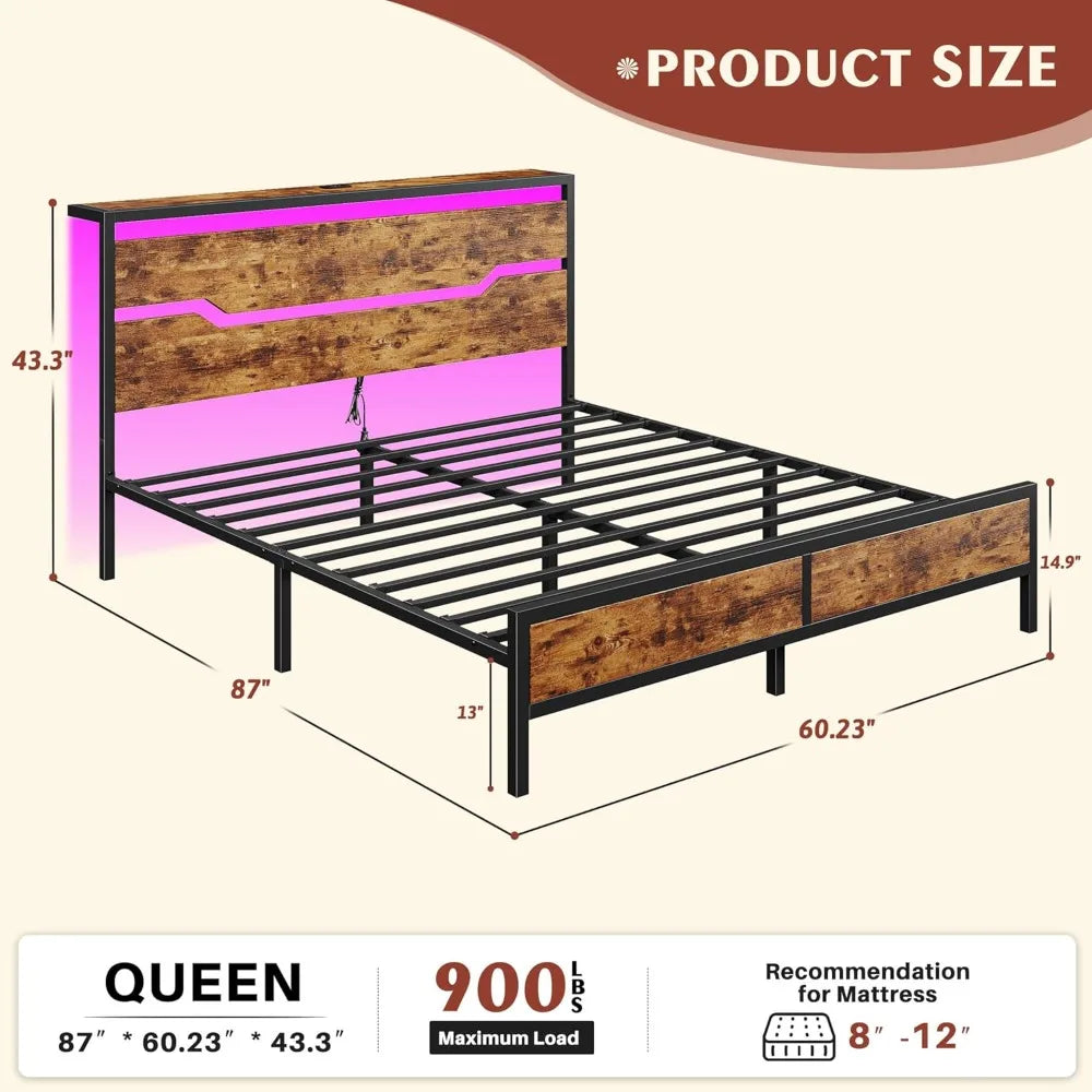Queen Size Bed Frame with LED Lights & Charging Station