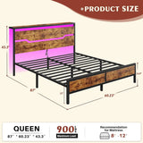 Queen Size Bed Frame with LED Lights & Charging Station