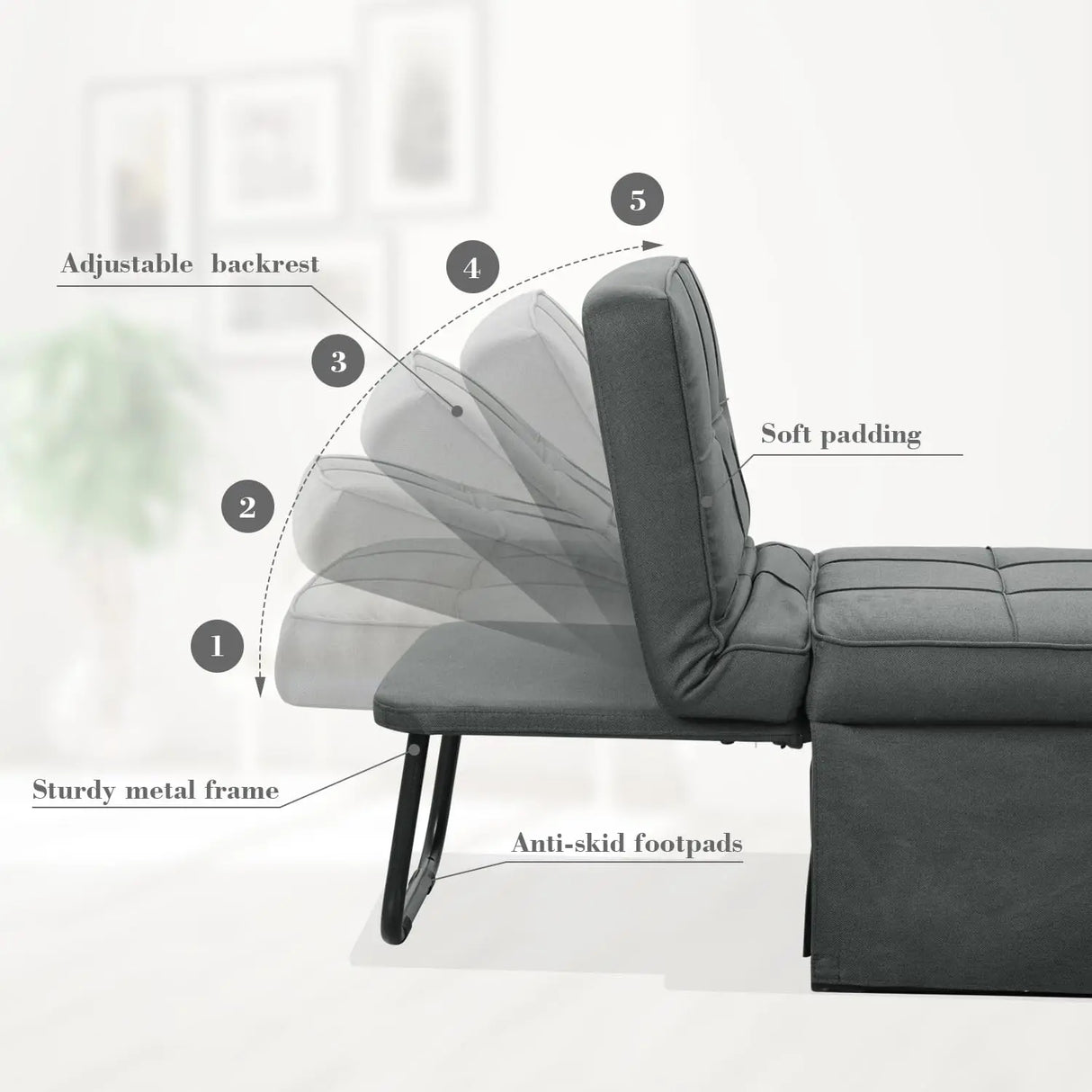 Convertible Sofa Bed,4-in-1 Multi-Functional Futon Chair Bed, Folding & No Installation Sofa Couch with Adjustable Backrest