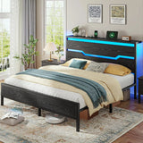 Queen Size Bed Frame with LED Lights & Charging Station