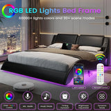 Queen Size Bed Frame with Led Lights and Charging Ports Modern Faux Leather Upholstered