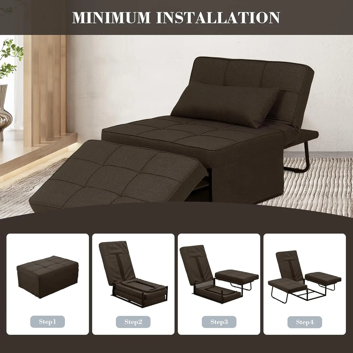 Convertible Sofa Bed,4-in-1 Multi-Functional Futon Chair Bed, Folding & No Installation Sofa Couch with Adjustable Backrest