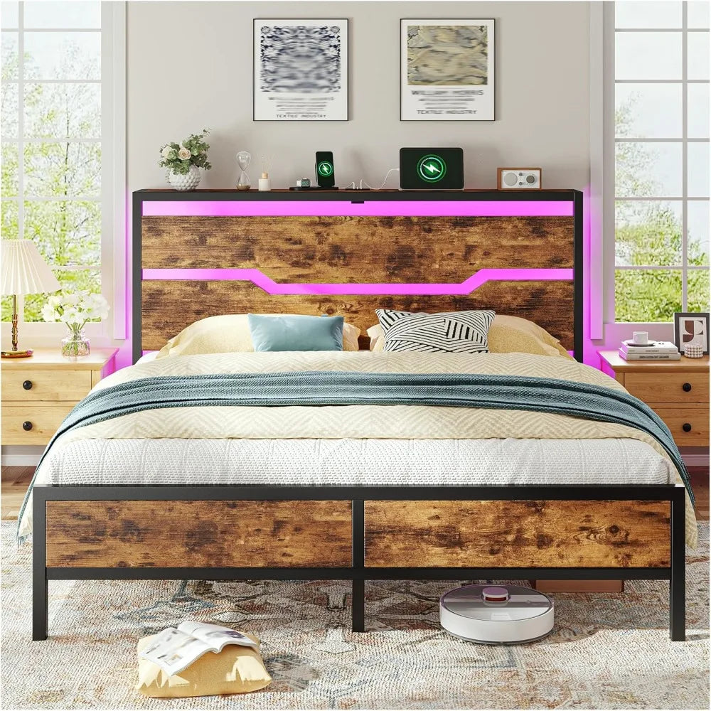 Queen Size Bed Frame with LED Lights & Charging Station