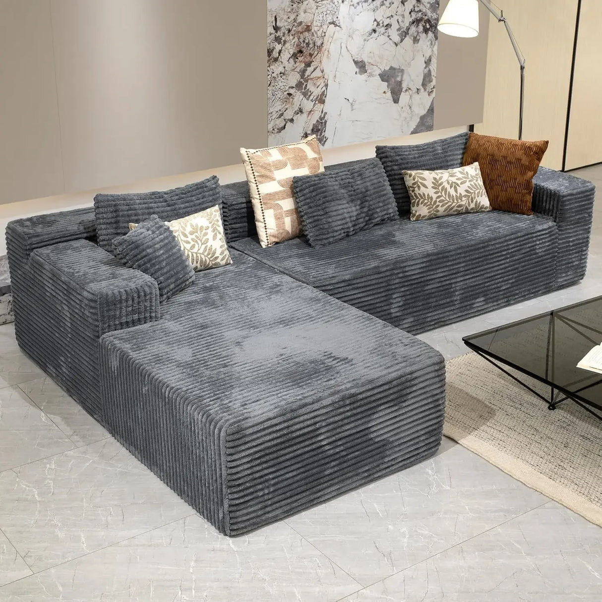Black Corduroy L-Shaped Sectional Cloud Sofa