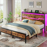 Queen Size Bed Frame with LED Lights & Charging Station