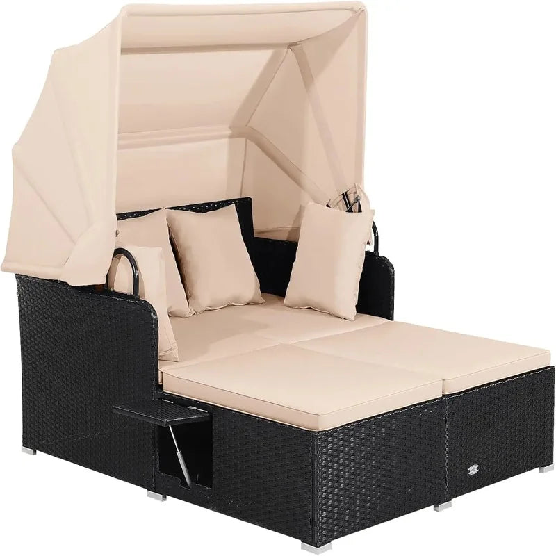Retractable Canopy Rattan Daybed with Cushions