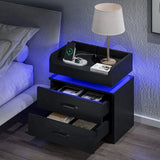 Black Nightstand with Charging Station and LED Lights