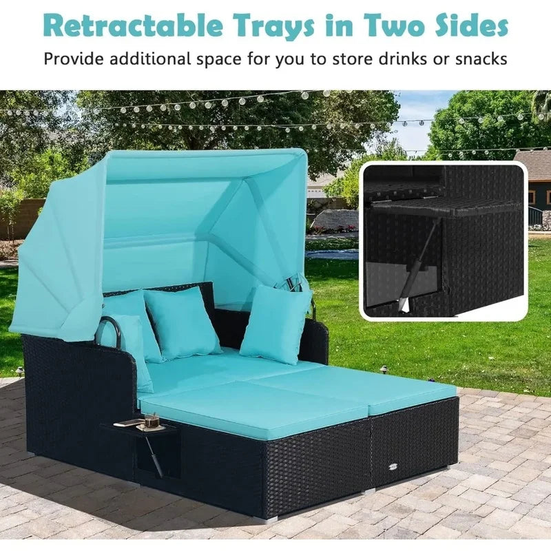 Retractable Canopy Rattan Daybed with Cushions