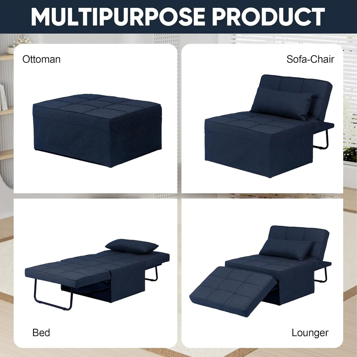 Convertible Sofa Bed,4-in-1 Multi-Functional Futon Chair Bed, Folding & No Installation Sofa Couch with Adjustable Backrest