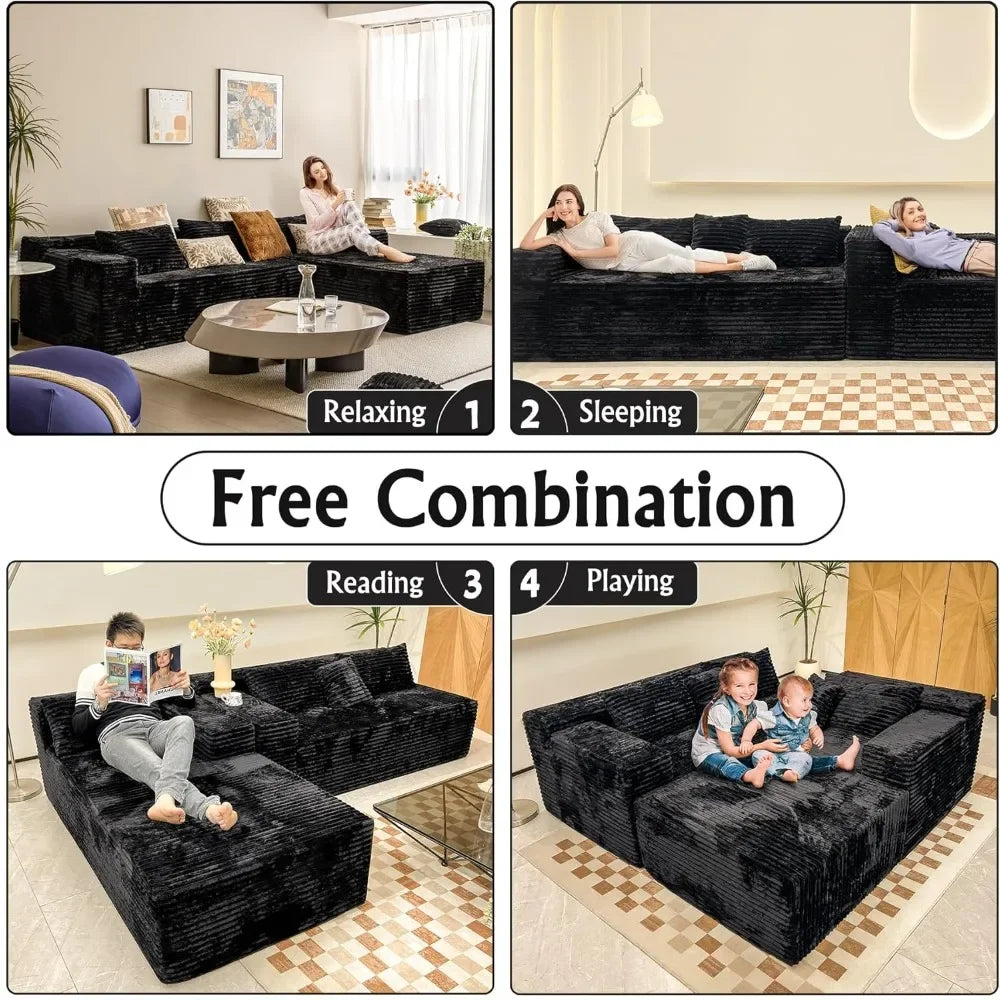 Black Corduroy L-Shaped Sectional Cloud Sofa
