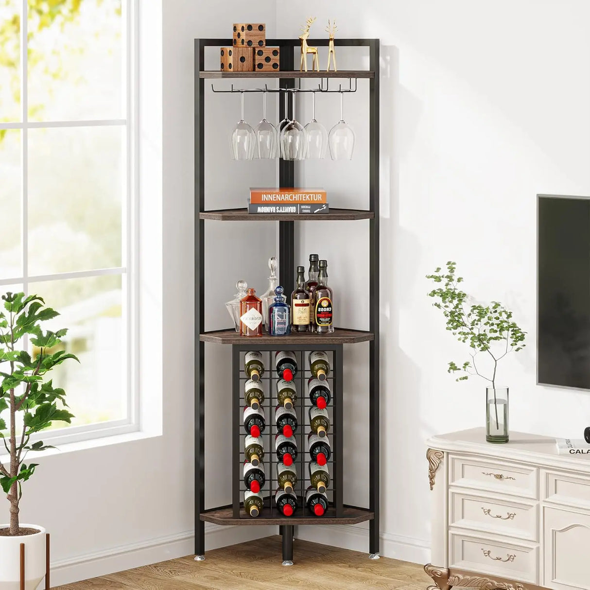 Corner Wine Rack with Glass Holder and Storage Shelves