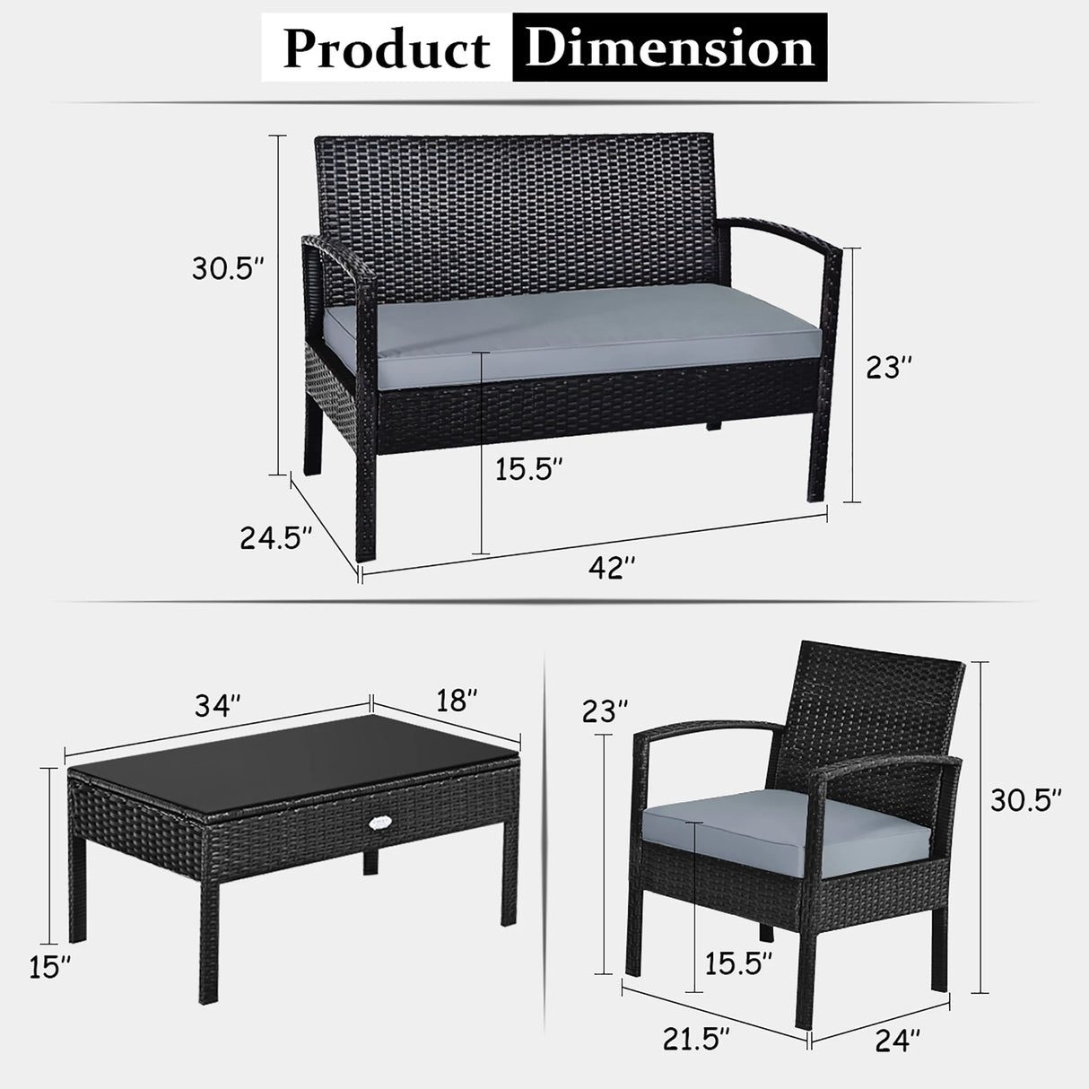 Black 4pcs Outdoor Patio Set with Cushions
