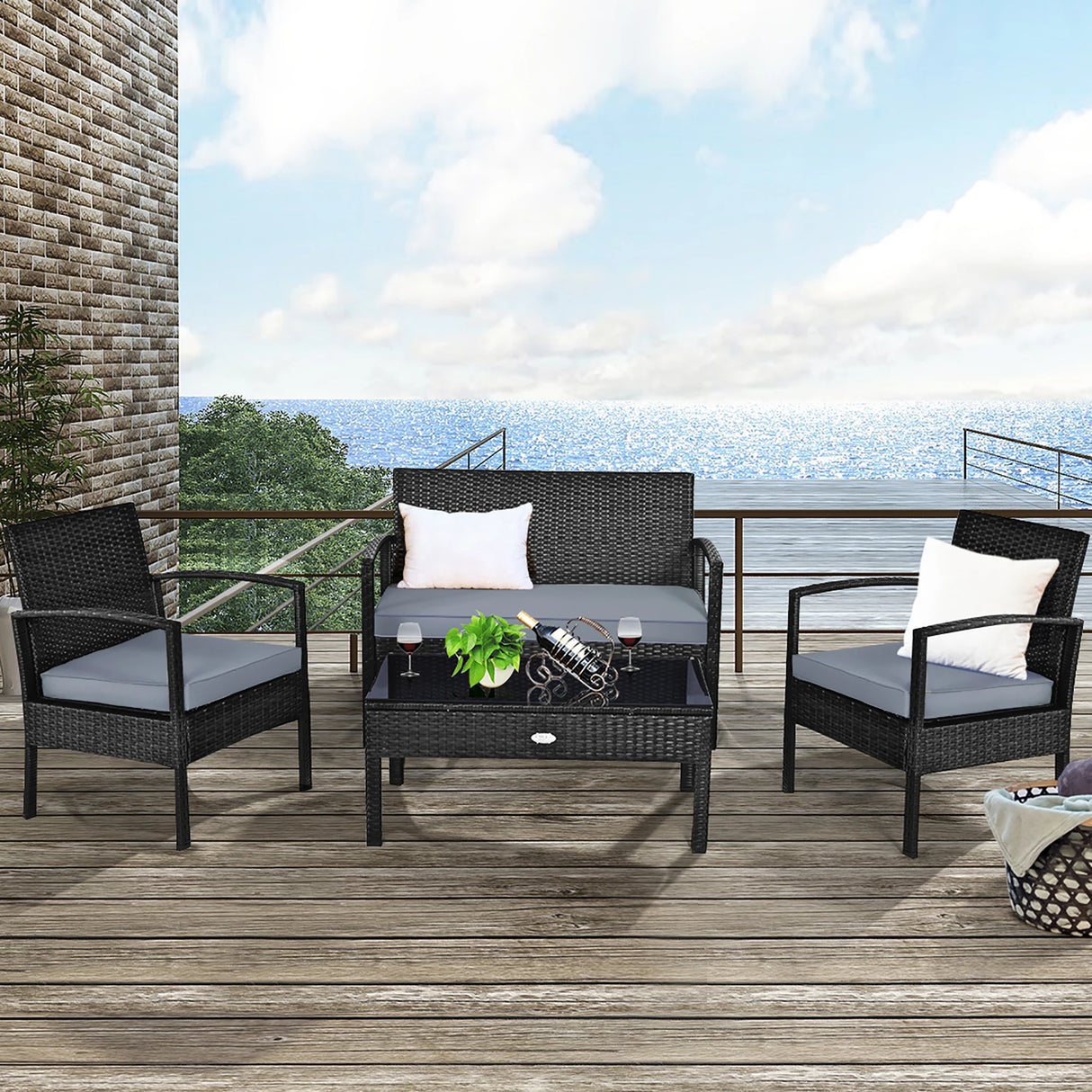 Black 4pcs Outdoor Patio Set with Cushions