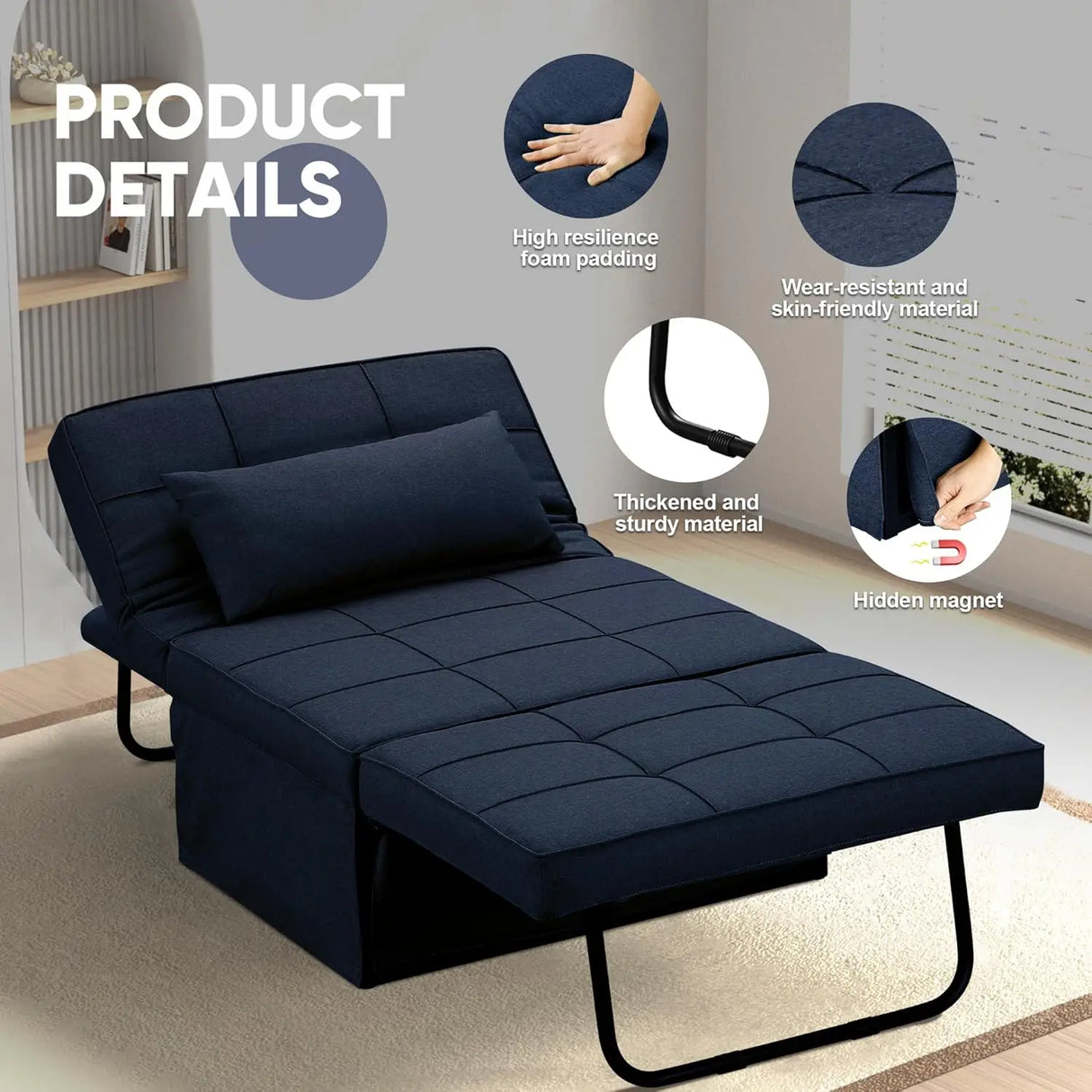 Convertible Sofa Bed,4-in-1 Multi-Functional Futon Chair Bed, Folding & No Installation Sofa Couch with Adjustable Backrest