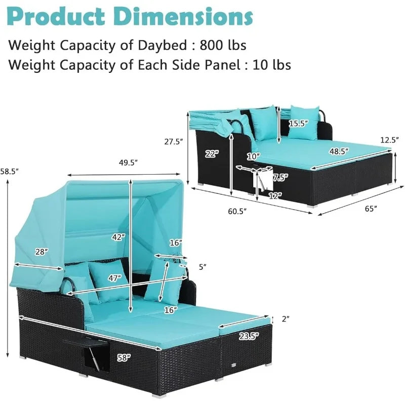 Retractable Canopy Rattan Daybed with Cushions