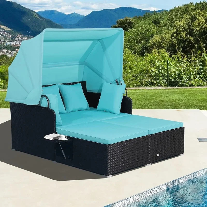 Retractable Canopy Rattan Daybed with Cushions