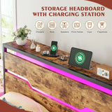 Queen Size Bed Frame with LED Lights & Charging Station