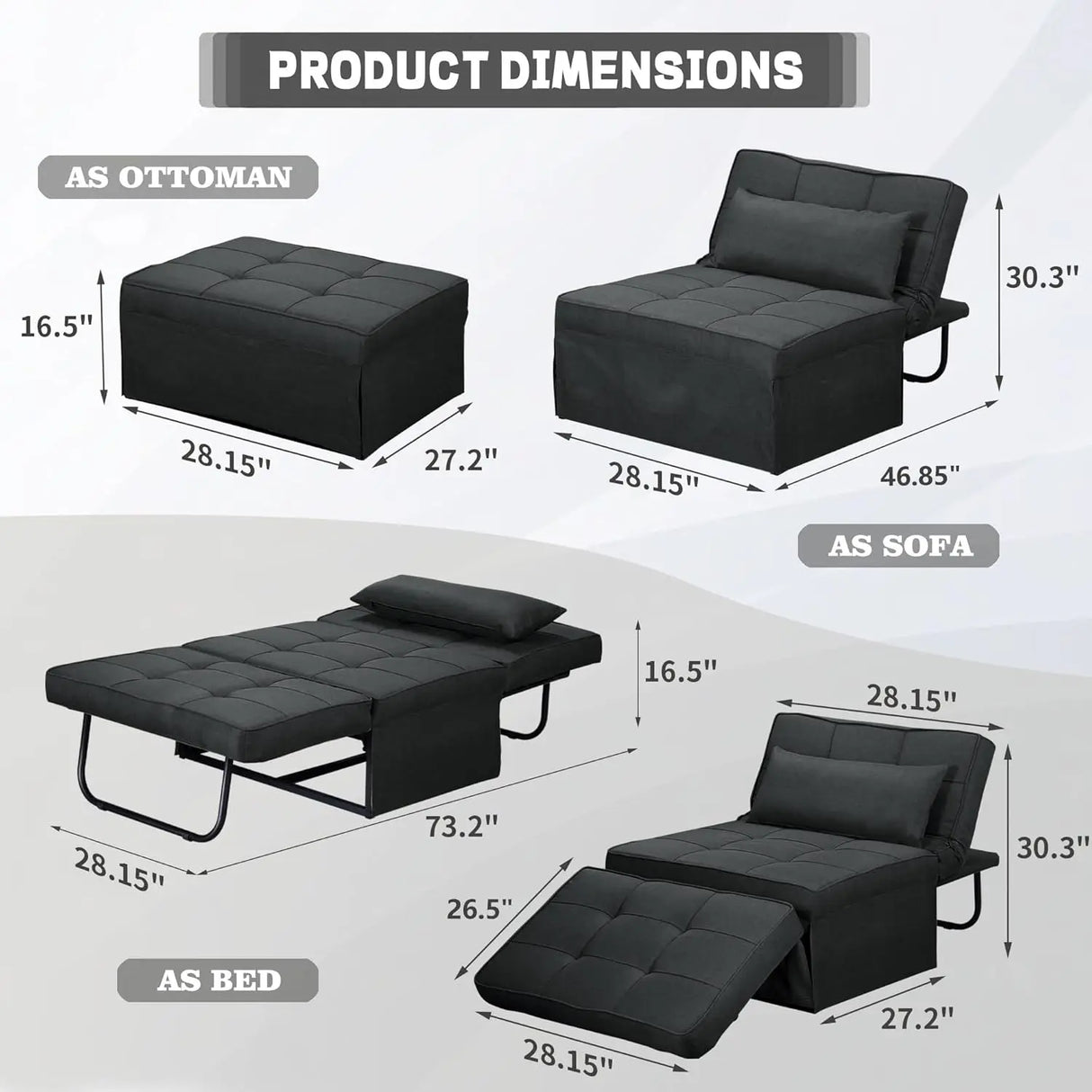 Convertible Sofa Bed,4-in-1 Multi-Functional Futon Chair Bed, Folding & No Installation Sofa Couch with Adjustable Backrest