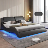 Queen Size Bed Frame with Led Lights and Charging Ports Modern Faux Leather Upholstered