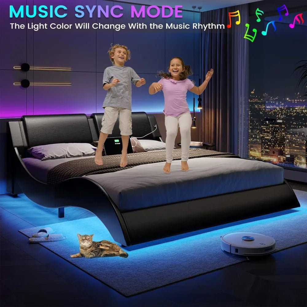 Queen Size Bed Frame with Led Lights and Charging Ports Modern Faux Leather Upholstered