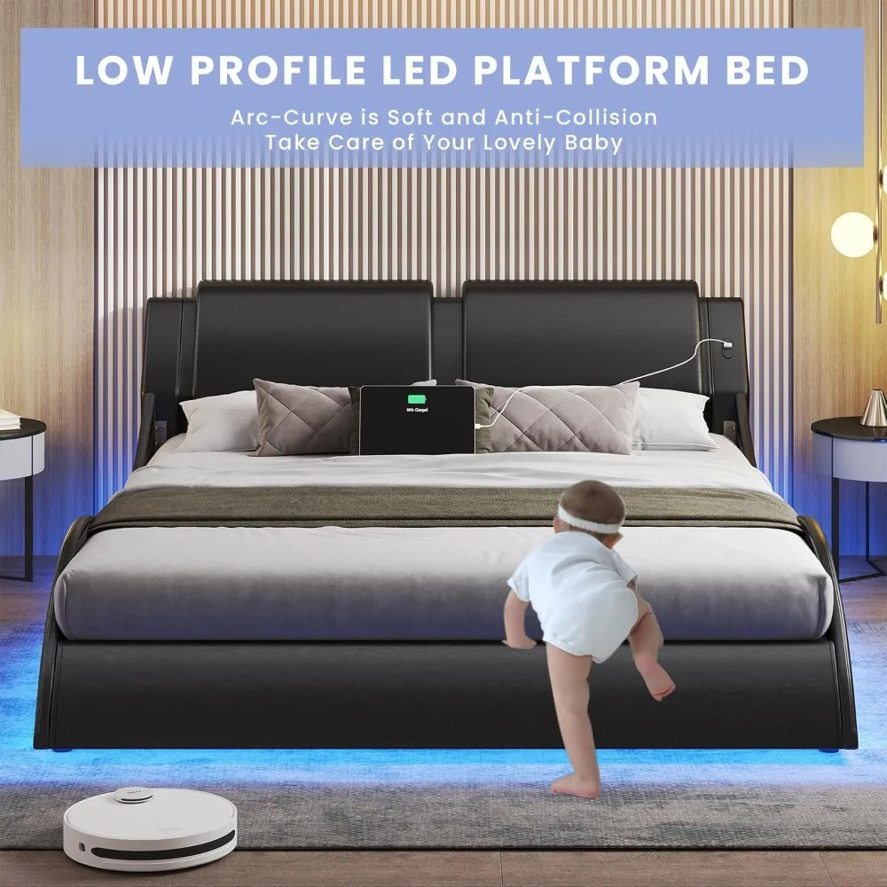 Queen Size Bed Frame with Led Lights and Charging Ports Modern Faux Leather Upholstered