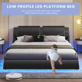 Queen Size Bed Frame with Led Lights and Charging Ports Modern Faux Leather Upholstered