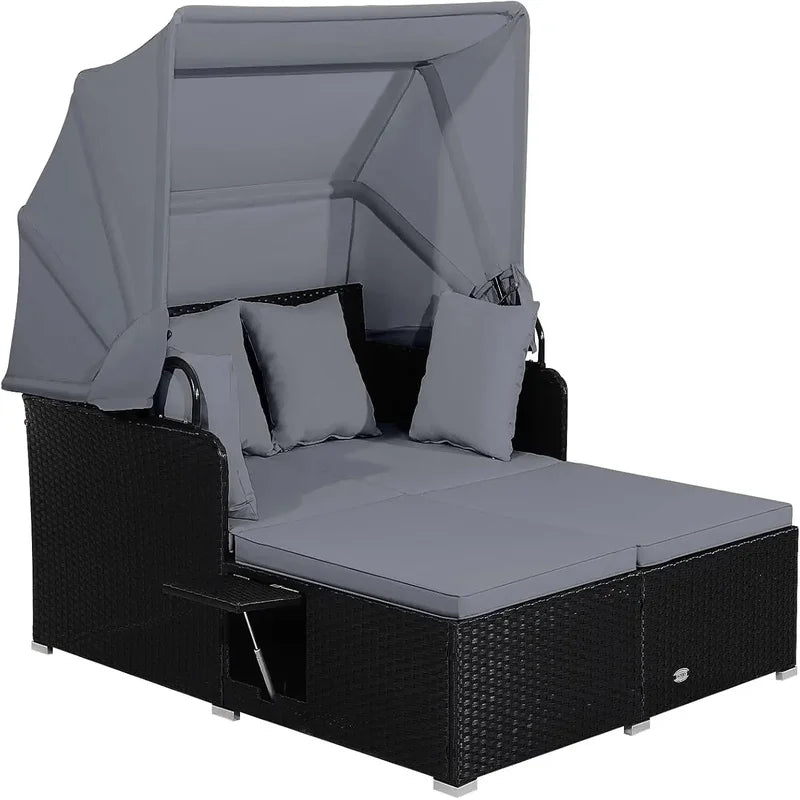 Retractable Canopy Rattan Daybed with Cushions