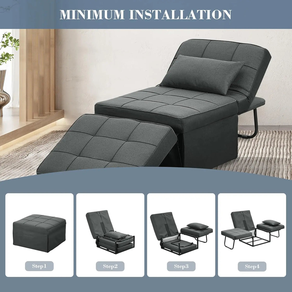 Convertible Sofa Bed,4-in-1 Multi-Functional Futon Chair Bed, Folding & No Installation Sofa Couch with Adjustable Backrest