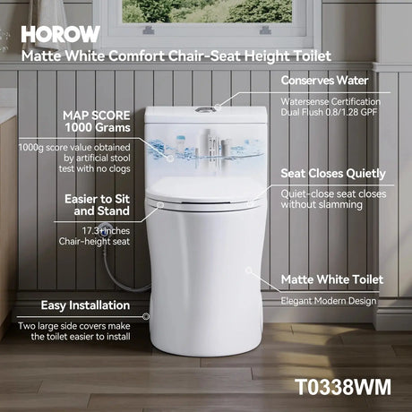 HOROW T0338WM Matte White One-Piece Toilet with Chair Height Seat