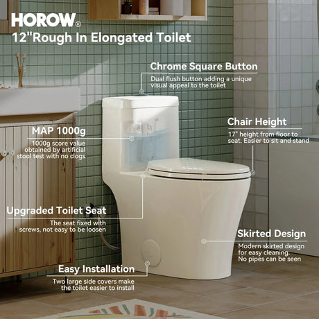 HOROW T0351W 12" Rough-In Elongated Toilet with Chrome Dual Flush