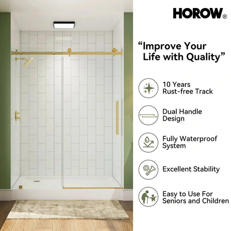 Brushed Gold Shower Door with Sliding Frameless and Glass Model TE6076-SG