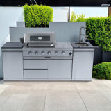 Castelle Flame Aurelia 46-Inch 4-Burner 72K BTU Stainless Steel Outdoor BBQ Kitchen Grill Island With 46-Inch 4-Burner 85K BTU Grill, Rotisserie Kit, And Cabinets (SAK93192)