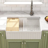 HOROW 33" Double Bowl Ceramic Kitchen Sink with Drainboard F01R-D3320W1-L