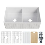 HOROW 33" Double Bowl Ceramic Kitchen Sink with Drainboard F01R-D3320W1-L