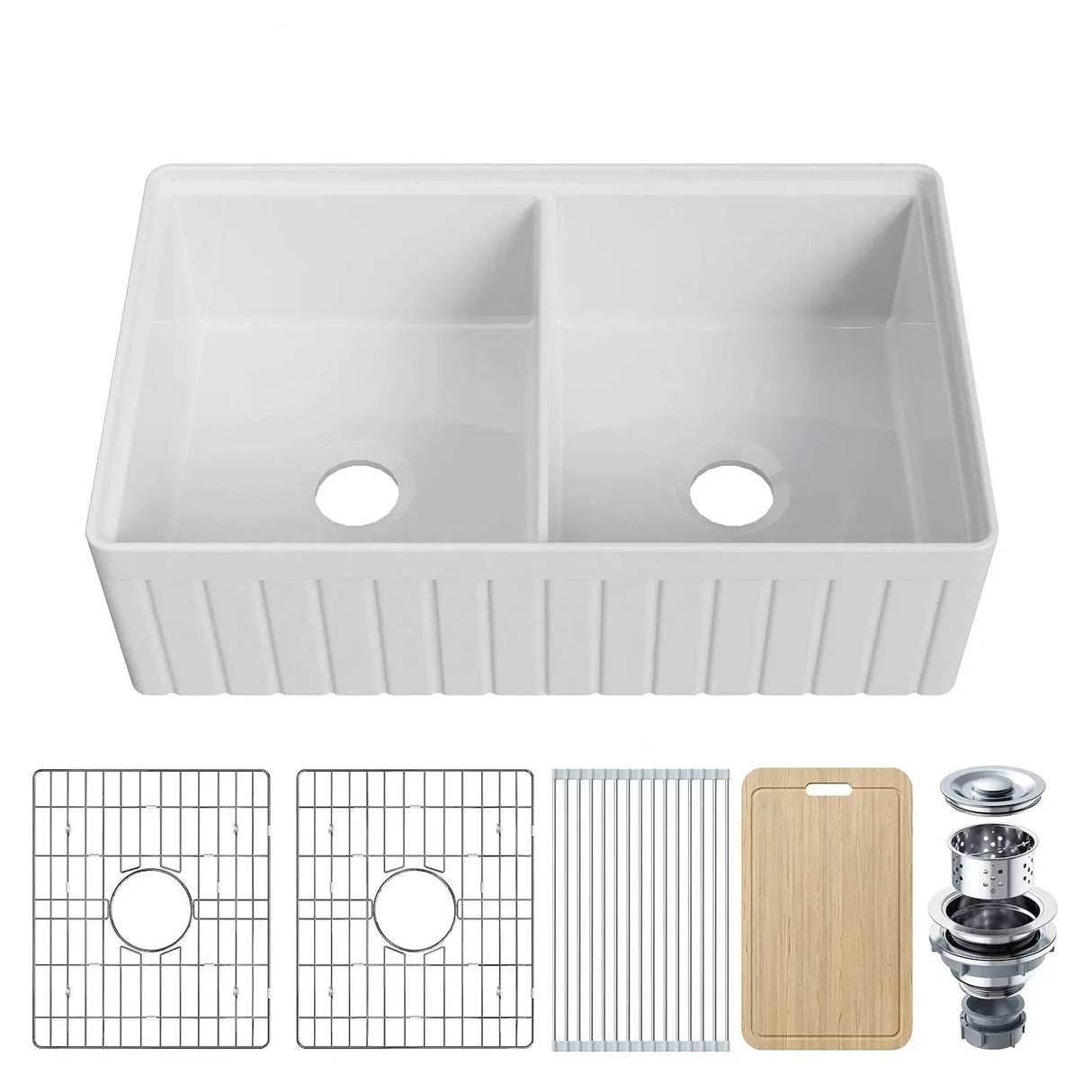 HOROW 33" Double Bowl Ceramic Kitchen Sink with Drainboard F01R-D3320W1-L