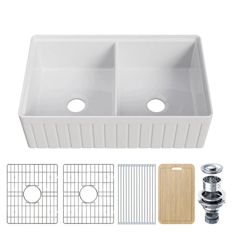 HOROW 33" Double Bowl Ceramic Kitchen Sink with Drainboard F01R-D3320W1-L