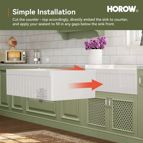 HOROW 33" Double Bowl Ceramic Kitchen Sink with Drainboard F01R-D3320W1-L
