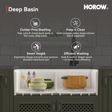 HOROW 33" Double Bowl Ceramic Kitchen Sink with Drainboard F01R-D3320W1-L