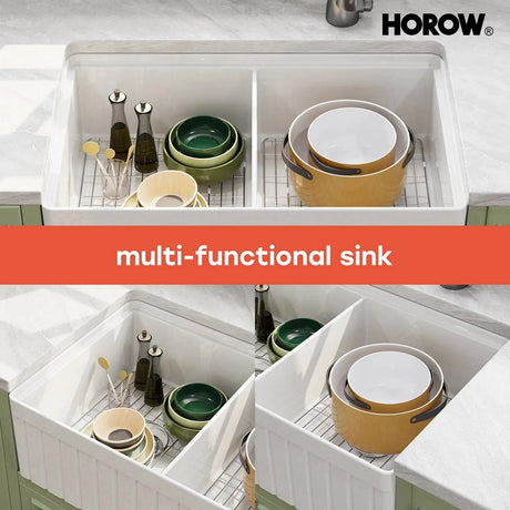 HOROW 33" Double Bowl Ceramic Kitchen Sink with Drainboard F01R-D3320W1-L