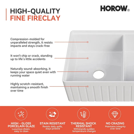 HOROW 33" Double Bowl Ceramic Kitchen Sink with Drainboard F01R-D3320W1-L