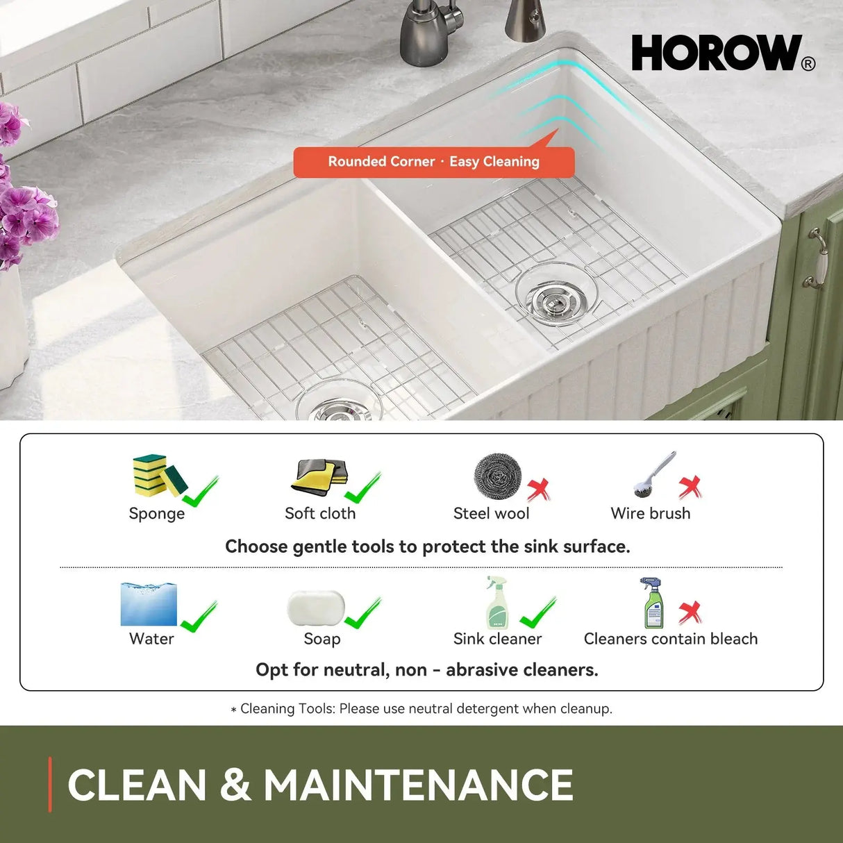 HOROW 33" Double Bowl Ceramic Kitchen Sink with Drainboard F01R-D3320W1-L