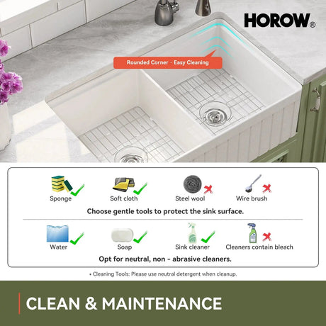 HOROW 33" Double Bowl Ceramic Kitchen Sink with Drainboard F01R-D3320W1-L
