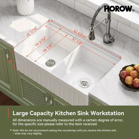 HOROW 33" Double Bowl Ceramic Kitchen Sink with Drainboard F01R-D3320W1-L