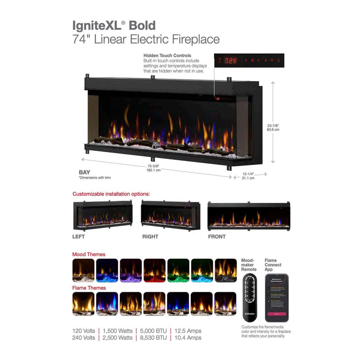 Dimplex IgniteXL Bold 74-Inch Deep Built-In Linear Electric Fireplace [XLF7417-XD]