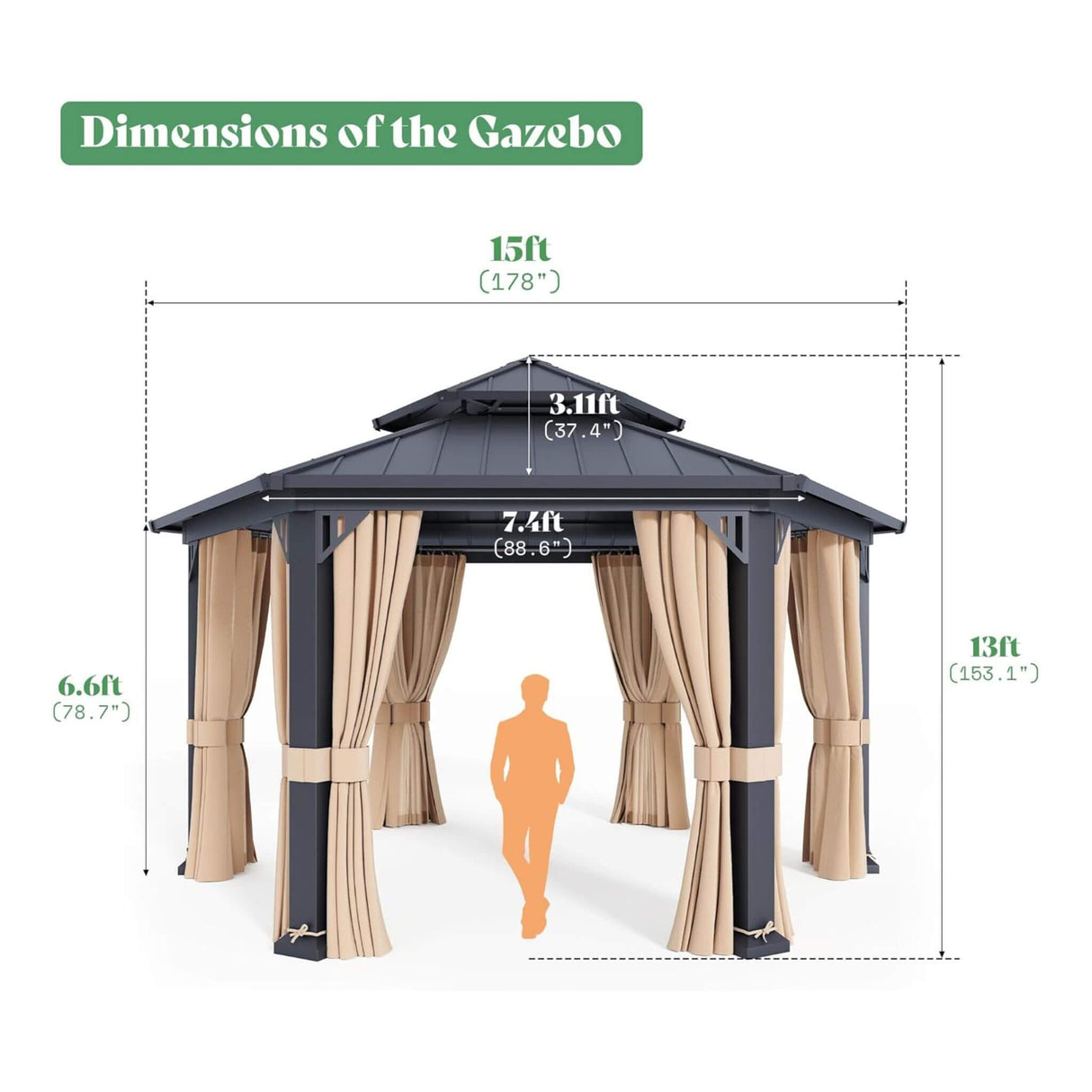 [13X15FT] Alora Double-Tier Hexagonal Metal Hardtop Patio Gazebo With Curtains (SAK84137)